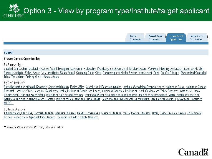 Option 3 - View by program type/Institute/target applicant 