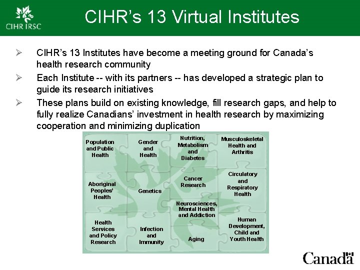 CIHR’s 13 Virtual Institutes Ø Ø Ø CIHR’s 13 Institutes have become a meeting