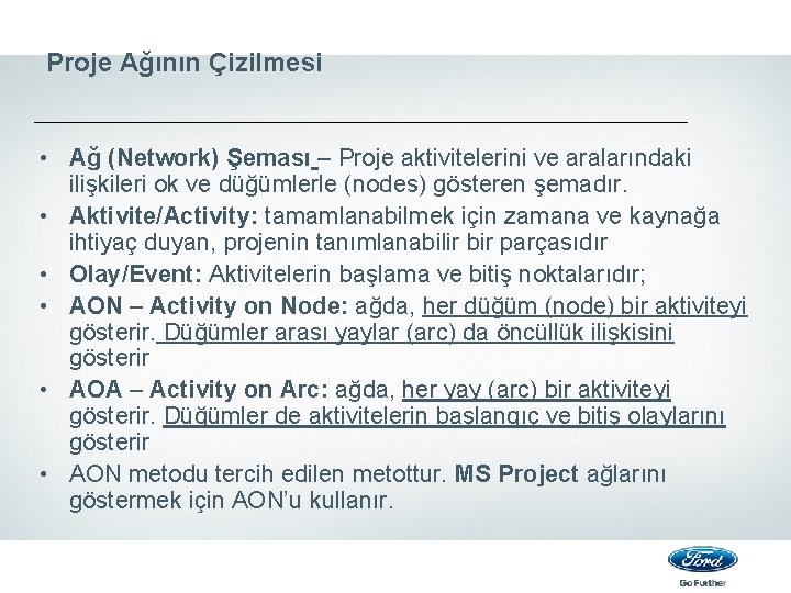 Proje Ağının Çizilmesi • Ağ (Network) Şeması – Proje aktivitelerini ve aralarındaki ilişkileri ok