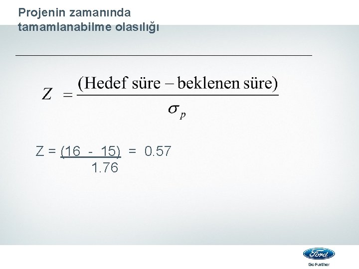 Projenin zamanında tamamlanabilme olasılığı Z = (16 - 15) = 0. 57 1. 76