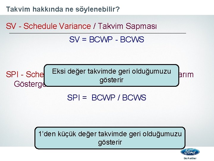 Takvim hakkında ne söylenebilir? SV - Schedule Variance / Takvim Sapması SV = BCWP