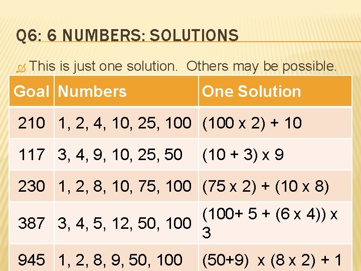Q 6: 6 NUMBERS: SOLUTIONS This is just one solution. Others may be possible.