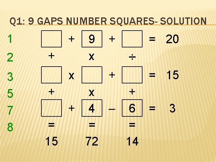 Q 1: 9 GAPS NUMBER SQUARES- SOLUTION 1 2 3 5 7 8 +