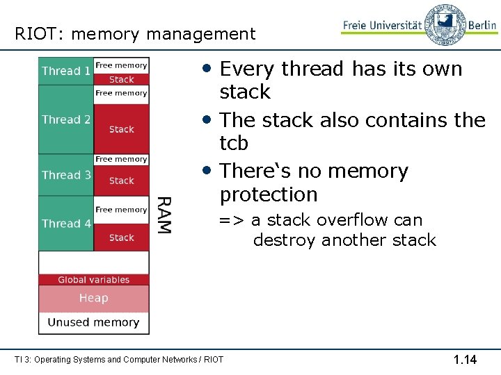 RIOT: memory management • Every thread has its own • • stack The stack