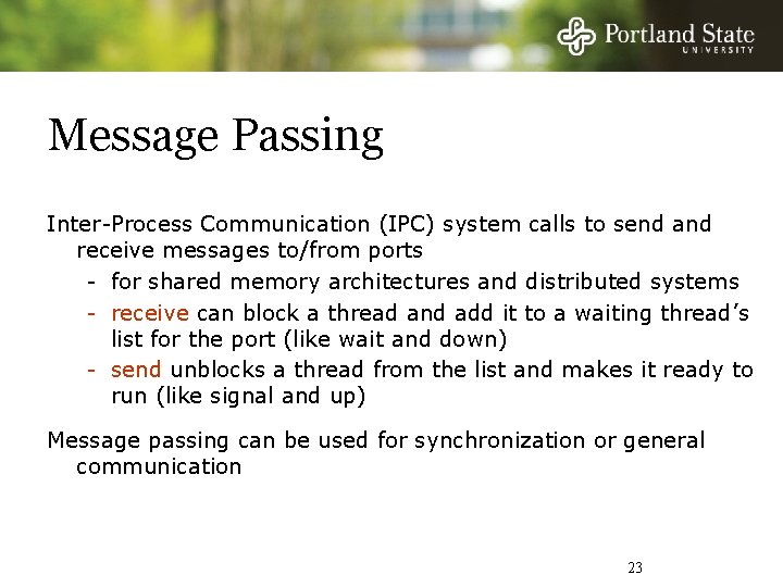 Message Passing Inter-Process Communication (IPC) system calls to send and receive messages to/from ports