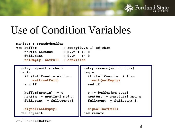 Use of Condition Variables monitor : Bounded. Buffer var buffer : next. In, next.