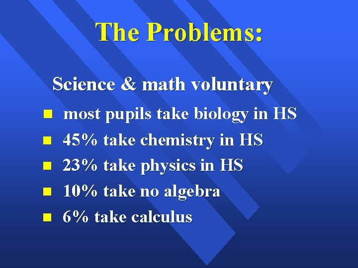The Problems: Science & math voluntary most pupils take biology in HS 45% take