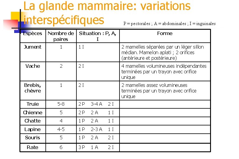 La glande mammaire: variations interspécifiques P = pectorales ; A = abdominales ; I