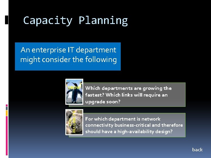 Capacity Planning An enterprise IT department might consider the following HIGH AVAILABILITY GROW Which