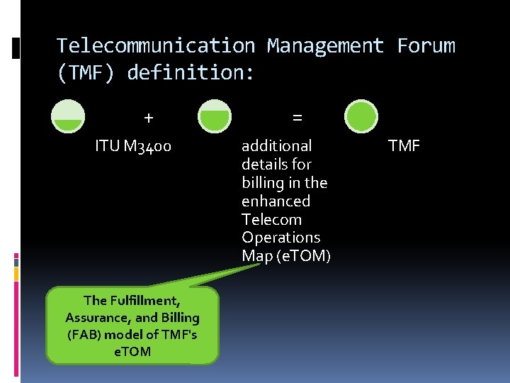 Telecommunication Management Forum (TMF) definition: + ITU M 3400 The Fulfillment, Assurance, and Billing
