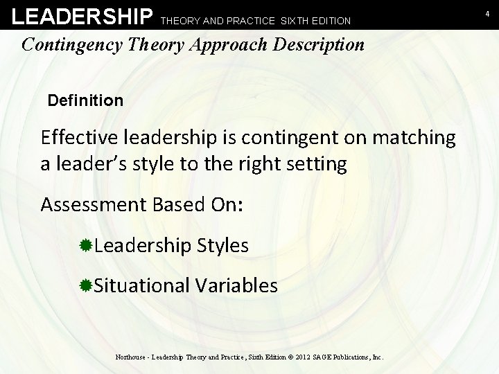 LEADERSHIP THEORY AND PRACTICE SIXTH EDITION Contingency Theory Approach Description Definition Effective leadership is