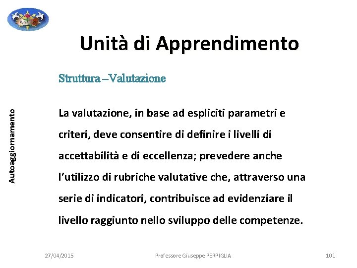 Unità di Apprendimento Autoaggiornamento Struttura –Valutazione La valutazione, in base ad espliciti parametri e Unità di Apprendimento Autoaggiornamento Struttura –Valutazione La valutazione, in base ad espliciti parametri e
