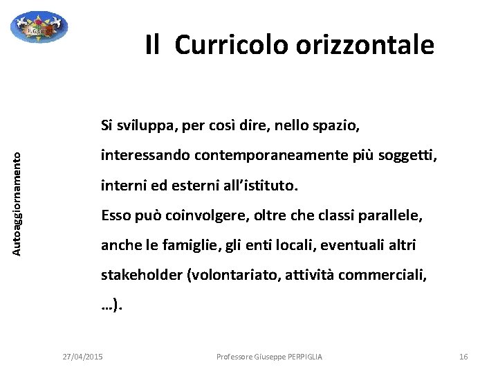 Il Curricolo orizzontale Autoaggiornamento Si sviluppa, per così dire, nello spazio, interessando contemporaneamente più Il Curricolo orizzontale Autoaggiornamento Si sviluppa, per così dire, nello spazio, interessando contemporaneamente più