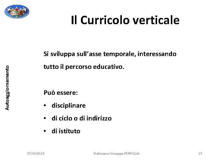 Il Curricolo verticale Autoaggiornamento Si sviluppa sull’asse temporale, interessando tutto il percorso educativo. Può Il Curricolo verticale Autoaggiornamento Si sviluppa sull’asse temporale, interessando tutto il percorso educativo. Può