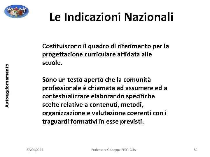 Autoaggiornamento Le Indicazioni Nazionali Costituiscono il quadro di riferimento per la progettazione curriculare affidata Autoaggiornamento Le Indicazioni Nazionali Costituiscono il quadro di riferimento per la progettazione curriculare affidata