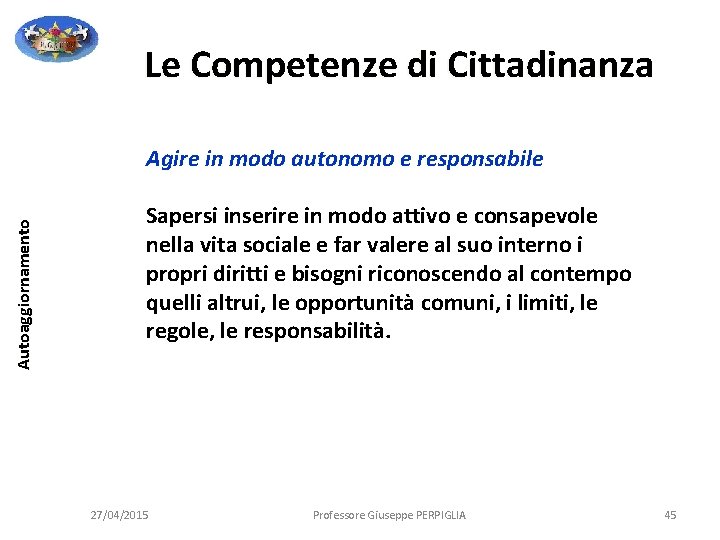 Le Competenze di Cittadinanza Autoaggiornamento Agire in modo autonomo e responsabile Sapersi inserire in Le Competenze di Cittadinanza Autoaggiornamento Agire in modo autonomo e responsabile Sapersi inserire in
