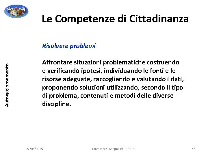 Le Competenze di Cittadinanza Autoaggiornamento Risolvere problemi Affrontare situazioni problematiche costruendo e verificando ipotesi, Le Competenze di Cittadinanza Autoaggiornamento Risolvere problemi Affrontare situazioni problematiche costruendo e verificando ipotesi,