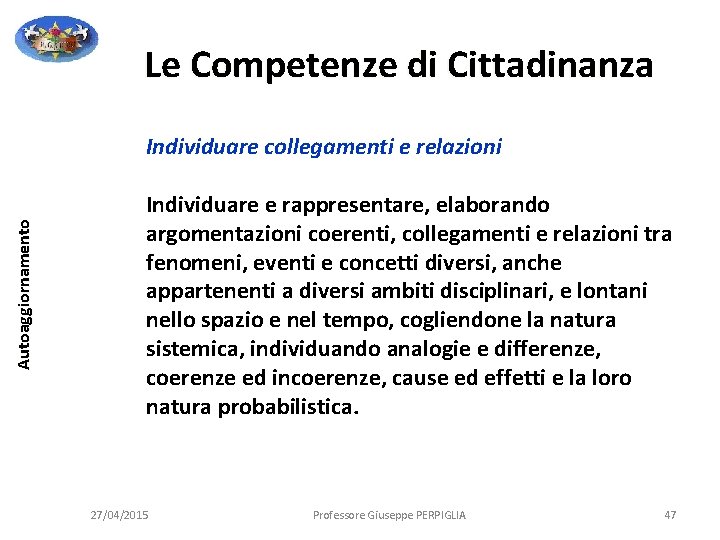 Le Competenze di Cittadinanza Autoaggiornamento Individuare collegamenti e relazioni Individuare e rappresentare, elaborando argomentazioni Le Competenze di Cittadinanza Autoaggiornamento Individuare collegamenti e relazioni Individuare e rappresentare, elaborando argomentazioni