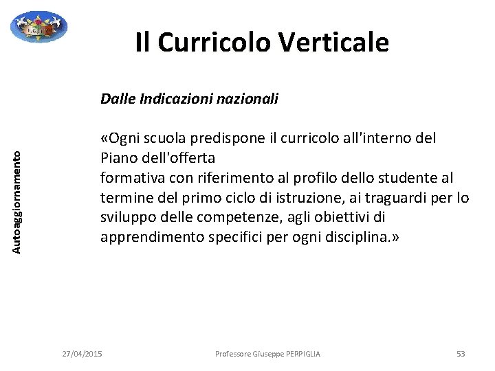 Il Curricolo Verticale Autoaggiornamento Dalle Indicazioni nazionali «Ogni scuola predispone il curricolo all'interno del Il Curricolo Verticale Autoaggiornamento Dalle Indicazioni nazionali «Ogni scuola predispone il curricolo all'interno del