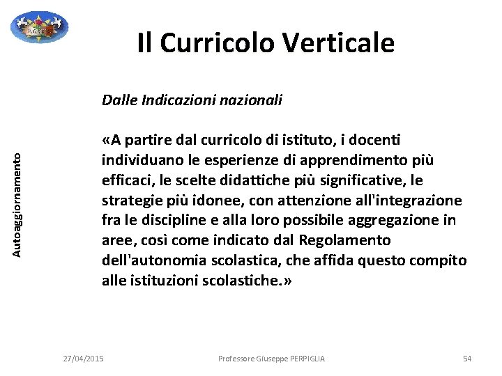Il Curricolo Verticale Autoaggiornamento Dalle Indicazioni nazionali «A partire dal curricolo di istituto, i Il Curricolo Verticale Autoaggiornamento Dalle Indicazioni nazionali «A partire dal curricolo di istituto, i