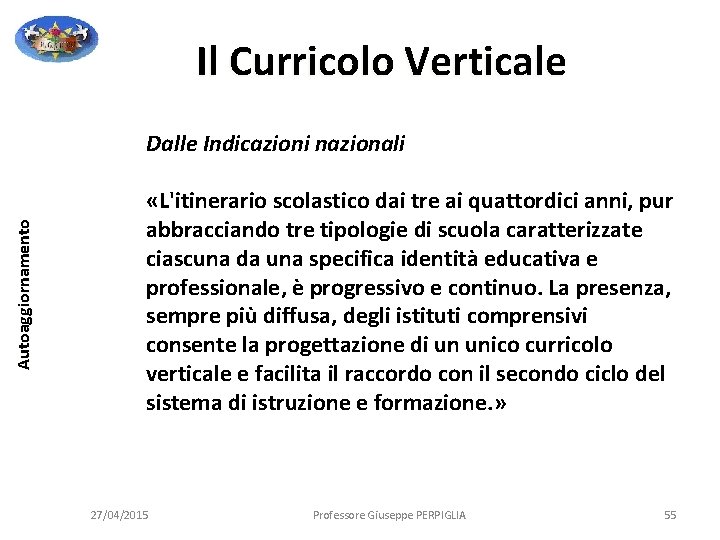 Il Curricolo Verticale Autoaggiornamento Dalle Indicazioni nazionali «L'itinerario scolastico dai tre ai quattordici anni, Il Curricolo Verticale Autoaggiornamento Dalle Indicazioni nazionali «L'itinerario scolastico dai tre ai quattordici anni,