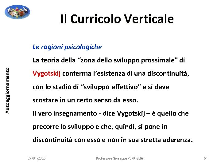 Il Curricolo Verticale Le ragioni psicologiche Autoaggiornamento La teoria della “zona dello sviluppo prossimale” Il Curricolo Verticale Le ragioni psicologiche Autoaggiornamento La teoria della “zona dello sviluppo prossimale”