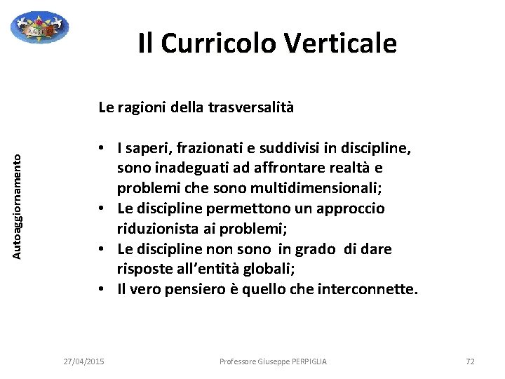 Autoaggiornamento Il Curricolo Verticale Le ragioni della trasversalità • I saperi, frazionati e suddivisi Autoaggiornamento Il Curricolo Verticale Le ragioni della trasversalità • I saperi, frazionati e suddivisi