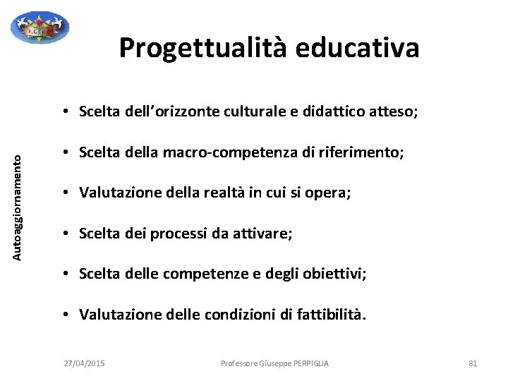 Progettualità educativa Autoaggiornamento • Scelta dell’orizzonte culturale e didattico atteso; • Scelta della macro-competenza Progettualità educativa Autoaggiornamento • Scelta dell’orizzonte culturale e didattico atteso; • Scelta della macro-competenza