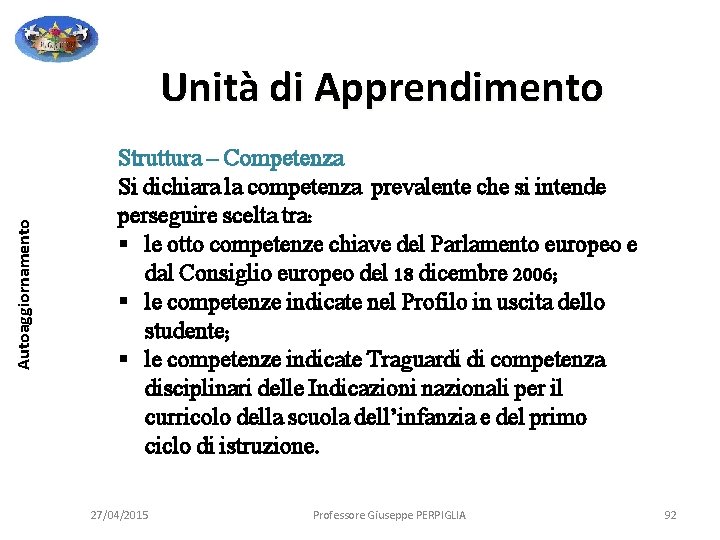 Autoaggiornamento Unità di Apprendimento Struttura – Competenza Si dichiara la competenza prevalente che si Autoaggiornamento Unità di Apprendimento Struttura – Competenza Si dichiara la competenza prevalente che si