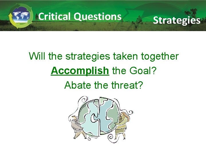 Critical Questions Strategies Will the strategies taken together Accomplish the Goal? Abate threat? 