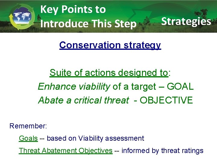 Key Points to Introduce This Step Strategies Conservation strategy Suite of actions designed to: