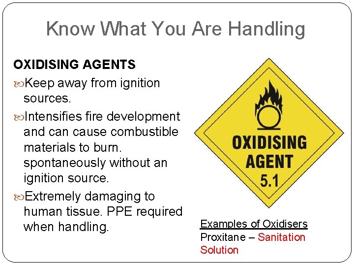 Know What You Are Handling OXIDISING AGENTS Keep away from ignition sources. Intensifies fire Know What You Are Handling OXIDISING AGENTS Keep away from ignition sources. Intensifies fire