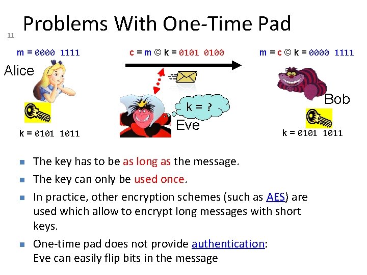 11 Problems With One-Time Pad m = 0000 1111 c = m © k