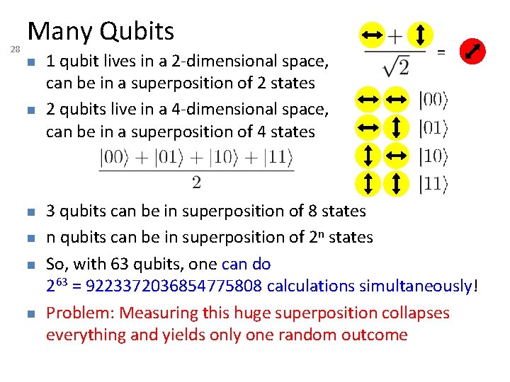 28 Many Qubits 1 qubit lives in a 2 -dimensional space, can be in