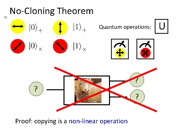 38 No-Cloning Theorem Quantum operations: ? Proof: copying is a non-linear operation ? ?