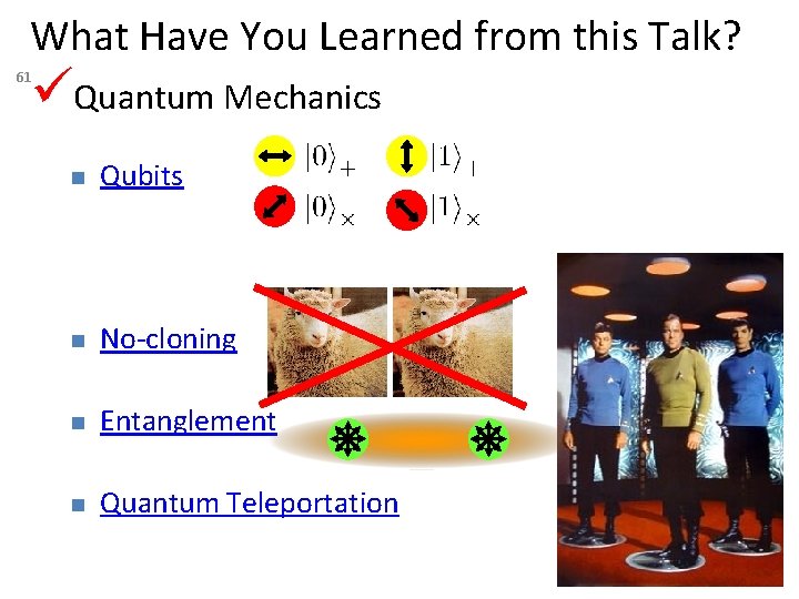 What Have You Learned from this Talk? Quantum Mechanics 61 Qubits No-cloning Entanglement Quantum