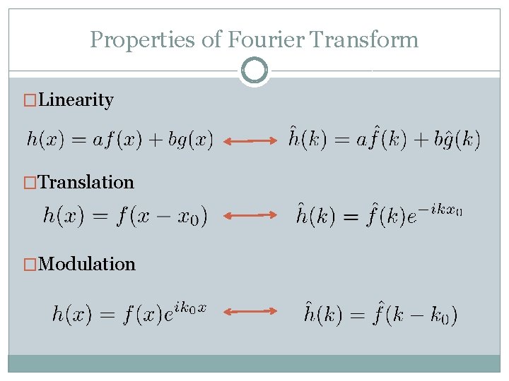 Properties of Fourier Transform �Linearity �Translation �Modulation 