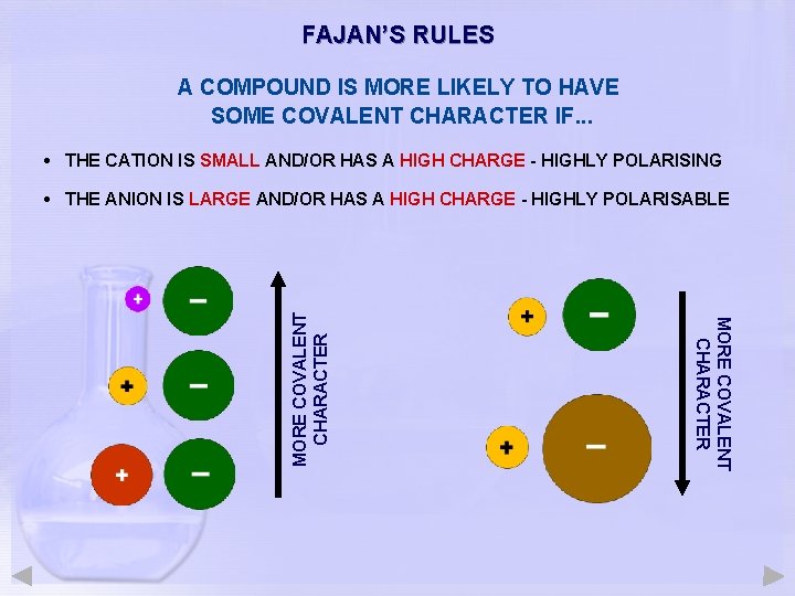 FAJAN’S RULES A COMPOUND IS MORE LIKELY TO HAVE SOME COVALENT CHARACTER IF. .