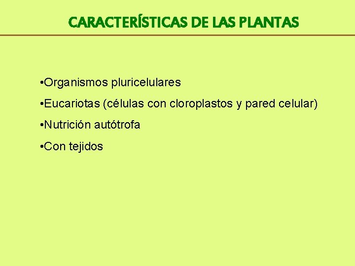 CARACTERÍSTICAS DE LAS PLANTAS • Organismos pluricelulares • Eucariotas (células con cloroplastos y pared