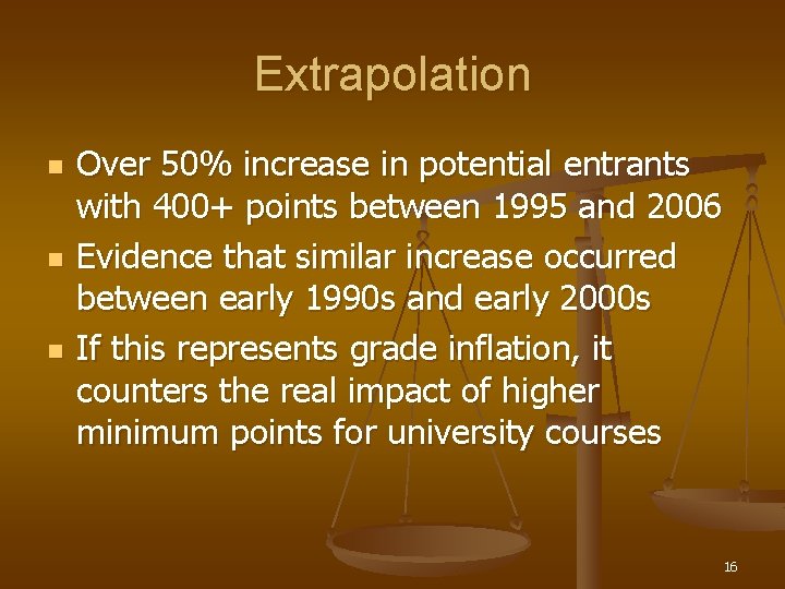 Extrapolation n Over 50% increase in potential entrants with 400+ points between 1995 and