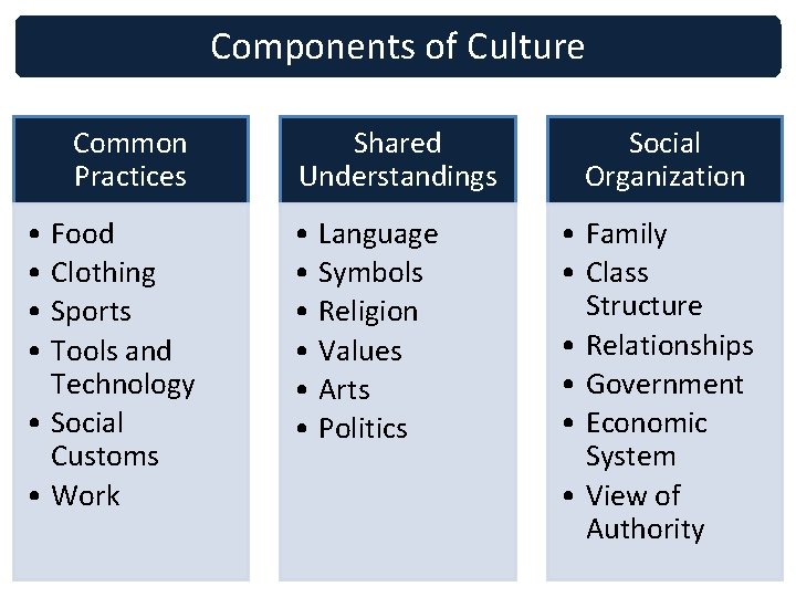 Components of Culture Common Practices • Food • Clothing • Sports • Tools and