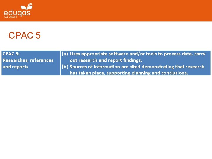 CPAC 5: Researches, references and reports (a) Uses appropriate software and/or tools to process
