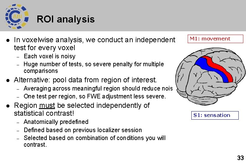 ROI analysis l In voxelwise analysis, we conduct an independent test for every voxel ROI analysis l In voxelwise analysis, we conduct an independent test for every voxel