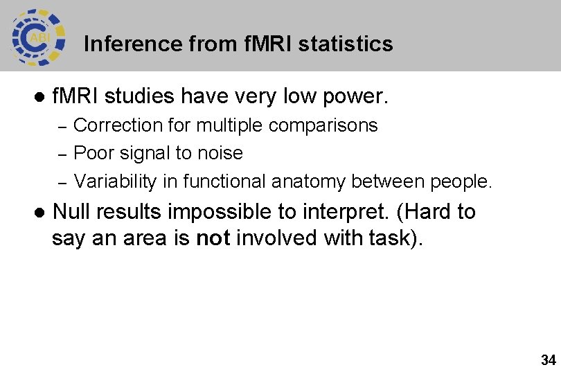 Inference from f. MRI statistics l f. MRI studies have very low power. –