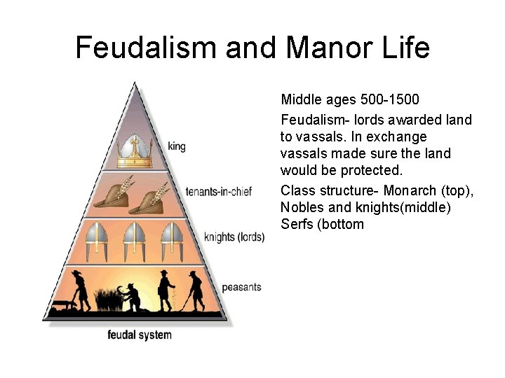 Feudalism and Manor Life • Middle ages 500 -1500 • Feudalism- lords awarded land