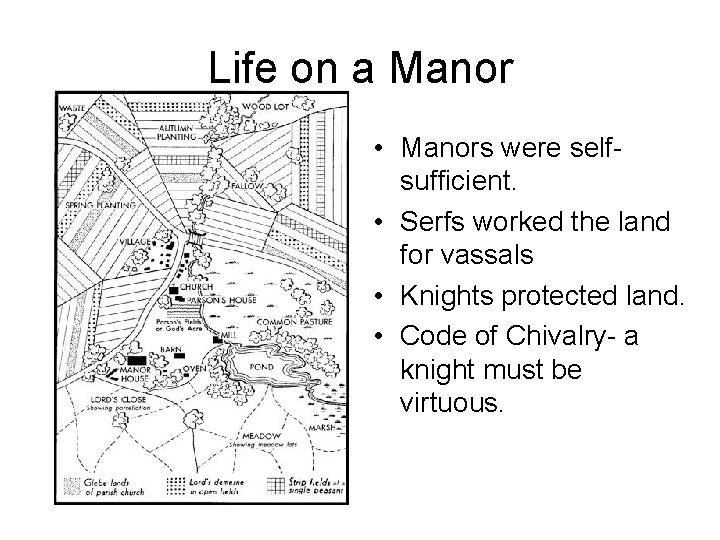 Life on a Manor • Manors were selfsufficient. • Serfs worked the land for