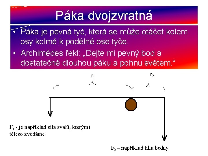 Páka dvojzvratná • Páka je pevná tyč, která se může otáčet kolem osy kolmé