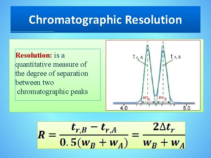 Chromatographic Resolution: is a quantitative measure of the degree of separation between two chromatographic