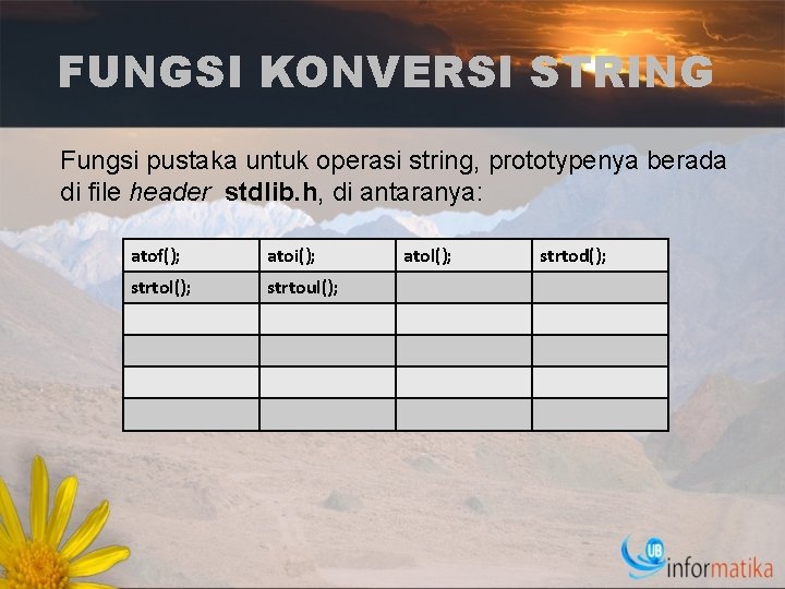 FUNGSI KONVERSI STRING Fungsi pustaka untuk operasi string, prototypenya berada di file header stdlib.