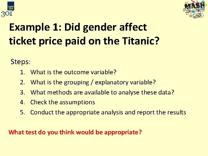 Example 1: Did gender affect ticket price paid on the Titanic? Steps: 1. 2.